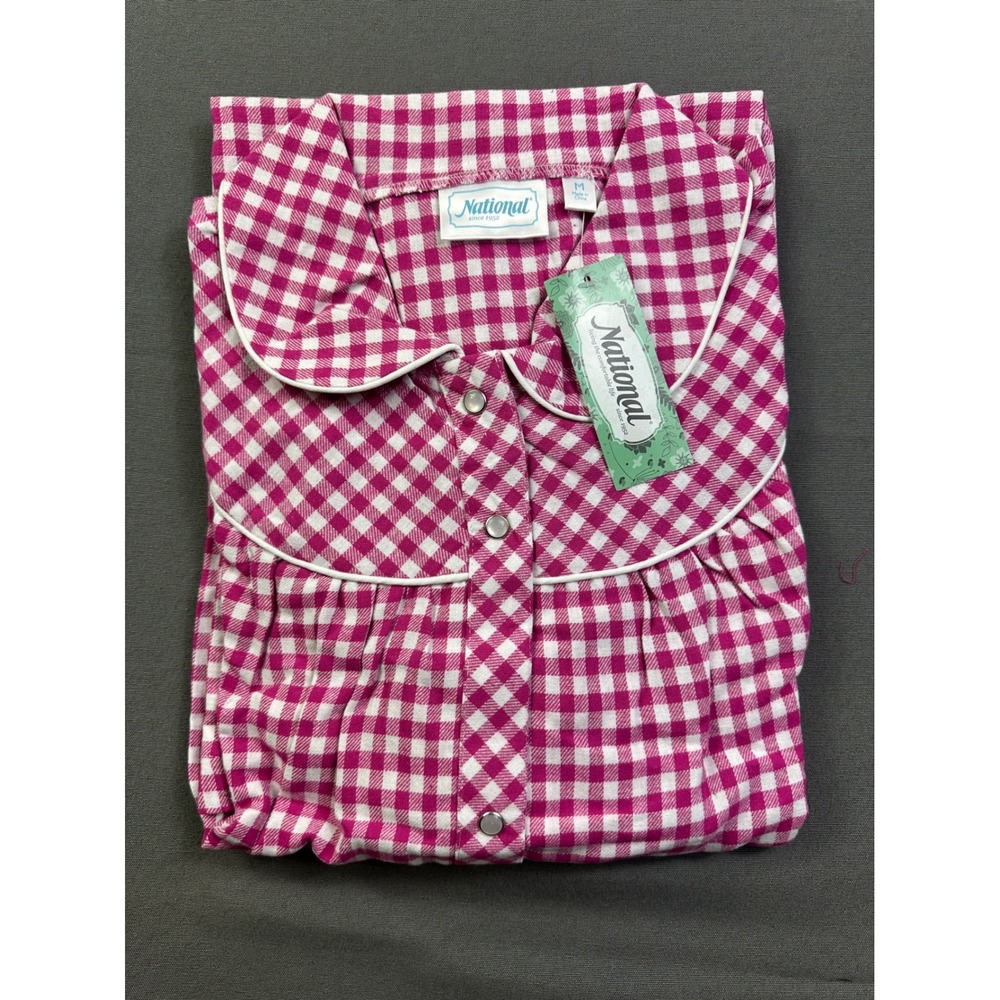 National Pink Gingham Check Button Front Nightgown Peter Pan Collar NWT Medium